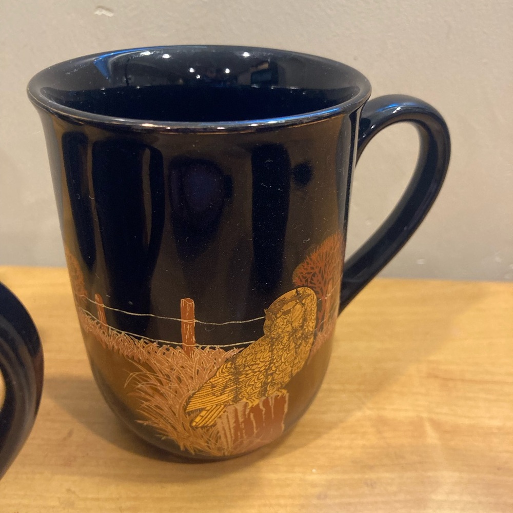 4 Otagiri Mugs vintage made in Japan black & metallic gold owl coffee mug Gibson